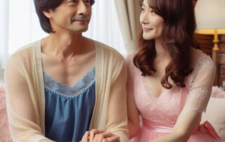 A wife holding hands with her cross-dresser husband.