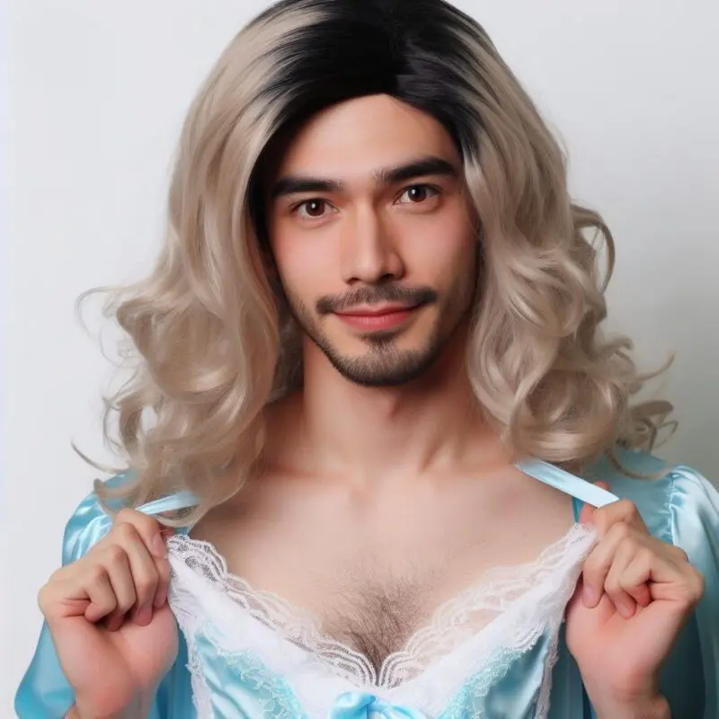 A cross dresser showing his dress.