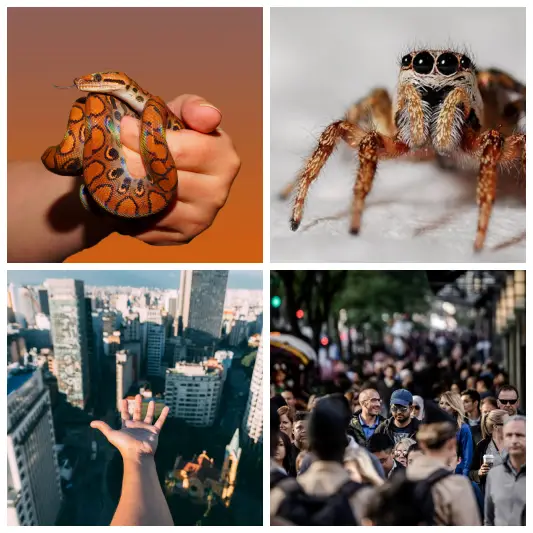 Four types of phobias, snakes, spiders, heights, crowds.