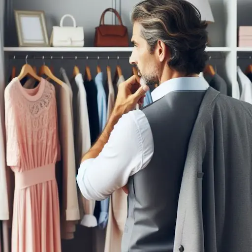 A man contemplating about the women dresses in the closet.