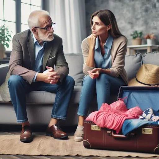 Middle-aged couple are discussing about the husband cross-dressing.